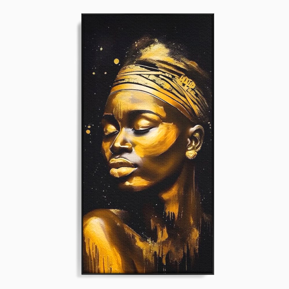 Tablou canvas cu tablou canvas portret femeie auriu, in rama de aluminiu negru